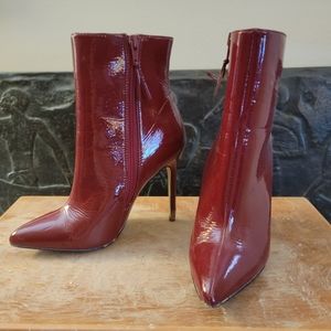 Spiked heel patent faux leather wine colored boots